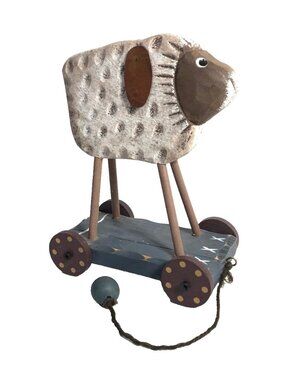 Vintage Fluffy Sheep on Wheels Primitive  Folk Art Style Hand Carved 8 1/16th"